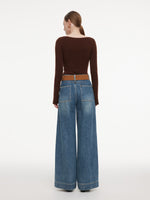 100% Cotton Denim Women Wide Leg Jeans With Belt GOELIA