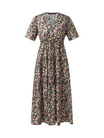 Cotton Puff Sleeve Drawstring Waist Floral Print Women Midi Dress GOELIA