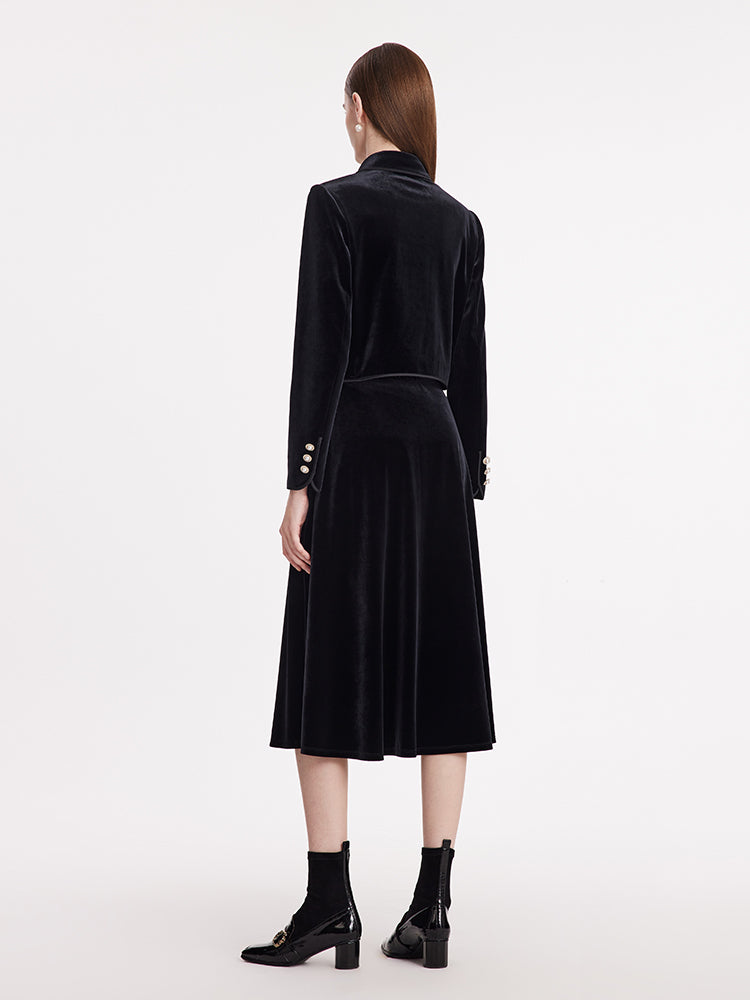 Velvet Crop Jacket And Skirt Two-Piece Suit With Detachable Bowknot GOELIA