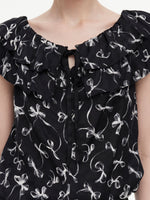 [Preview] Ribbon Print Tie Front Women Ruffle Blouse GOELIA
