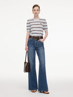 Lyocell Blend Denim Women Flared Palazzo Jeans With Belt GOELIA