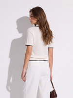 Lyocell Blend Contrast Trim Women Pointelle Polo Knit Top GOELIA