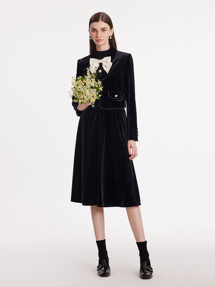 Velvet Jacket And Half Skirt Two-Piece Set With Detachable Bowknot GOELIA