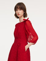 Chili Red Jacquard Boat Neck Women Midi Dress With Detachable Flower GOELIA