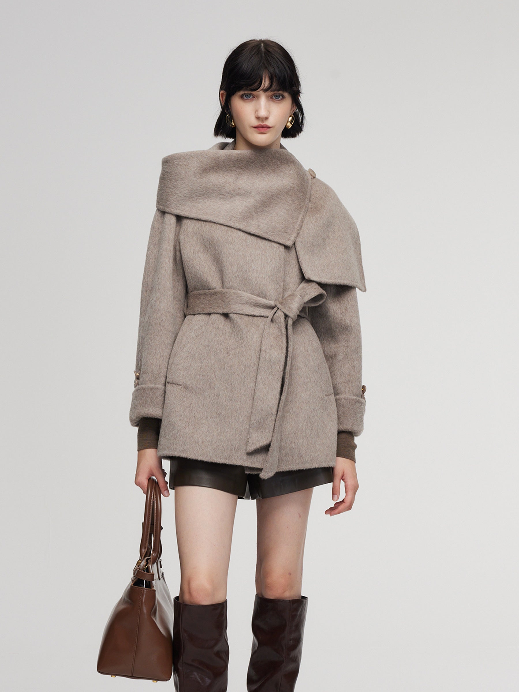 [Preview] Alpaca Wool Blend Double-Faced Women Belted Coat With Scarf GOELIA