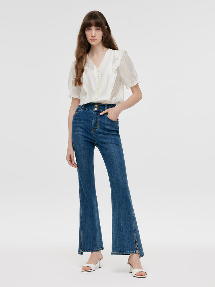 Ruffle Puff Sleeve V-Neck Blouse