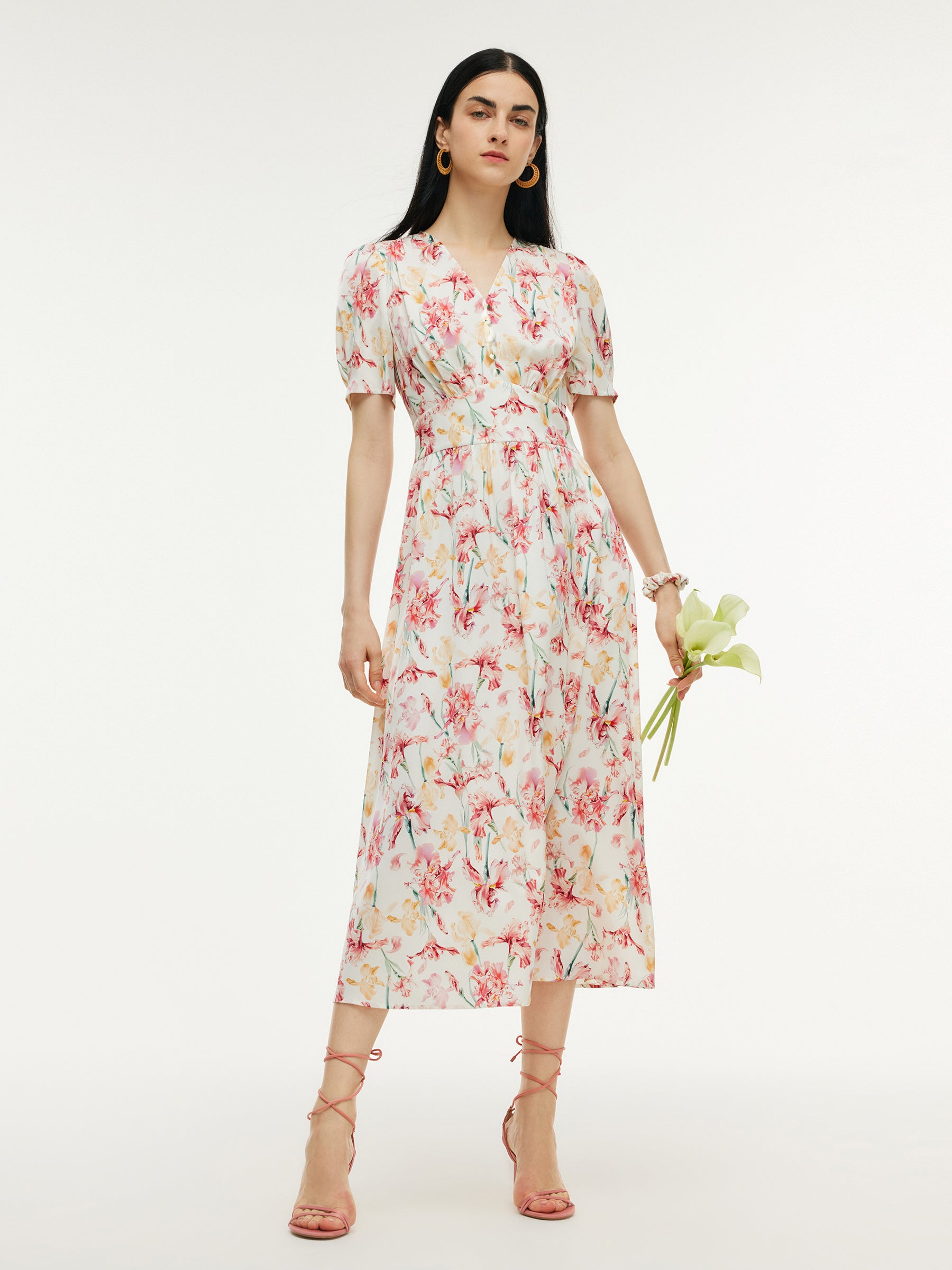 19MM Mulberry Silk Floral Print V-Neck Women Maxi Dress With Scrunchie GOELIA