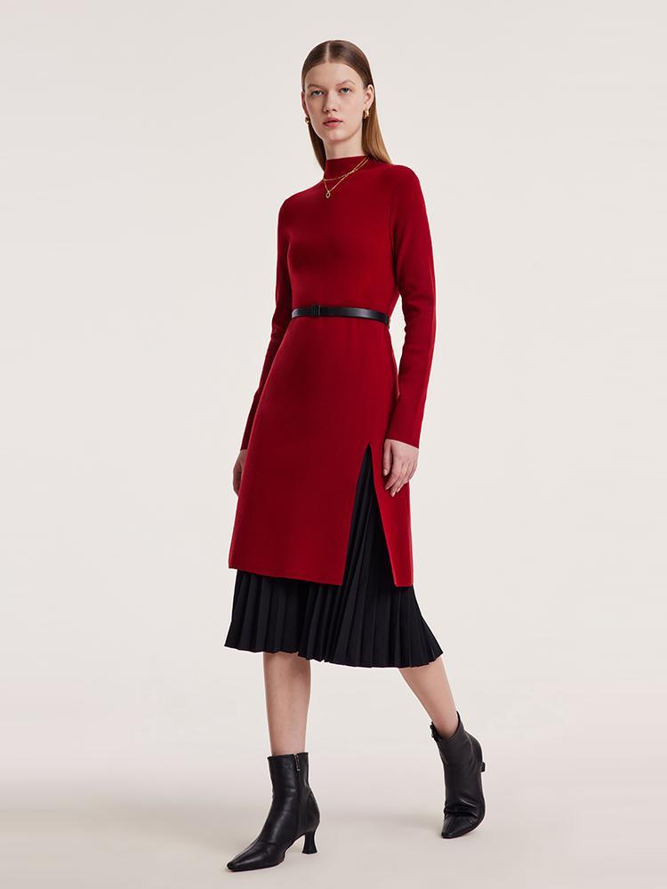 Mock Neck Long Sweater And Wool Pleated Skirt Two-Piece Set GOELIA