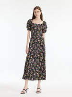 Mulberry Silk Rose Printed Women Maxi Dress GOELIA
