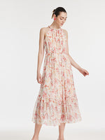 10 Momme Mulberry Silk Iris Printed Halter Ruffle Women Maxi Dress GOELIA