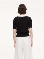 Tencel Blend Color Block Tie Front Women Openwork Knit Top GOELIA