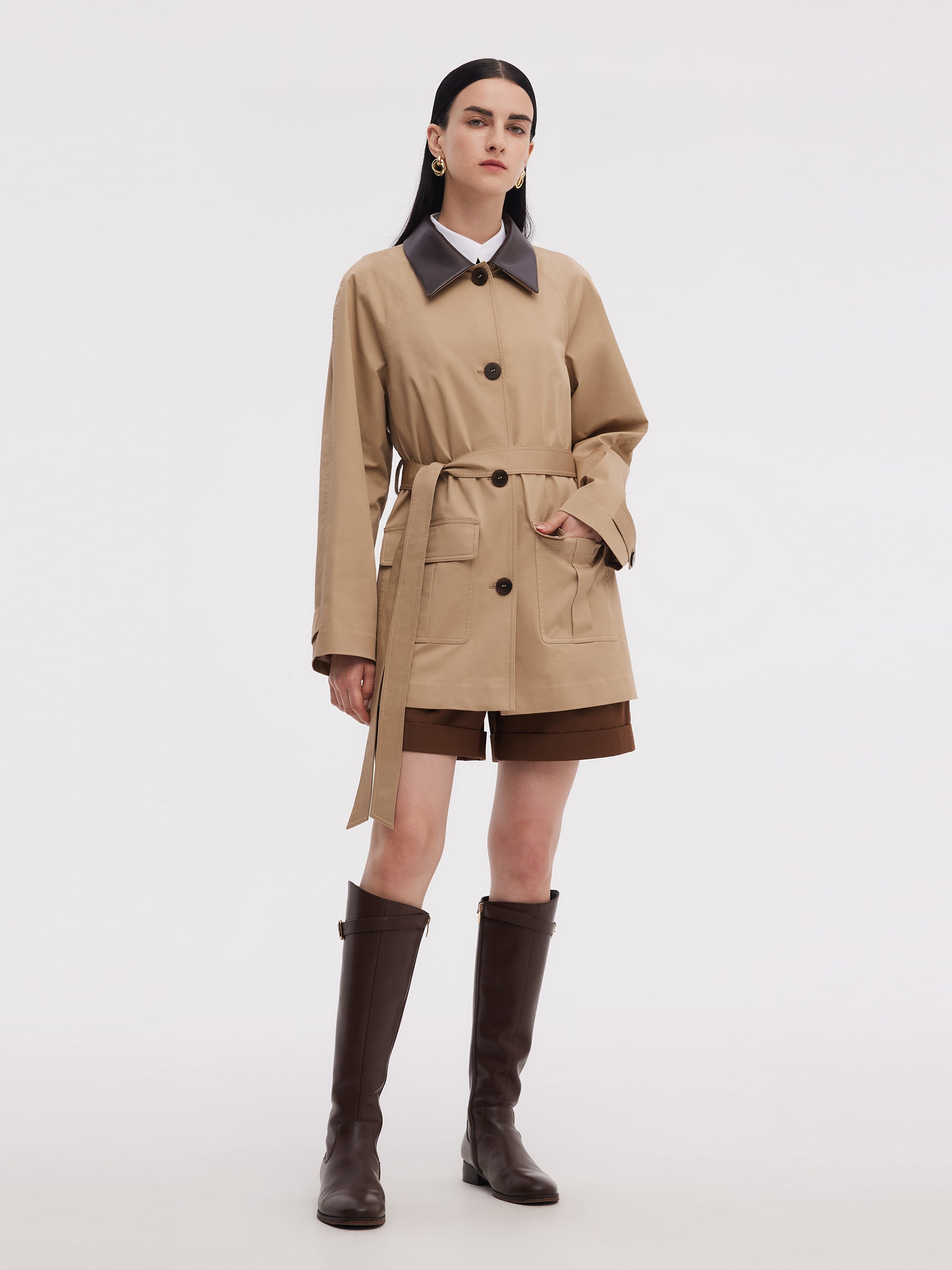 Cotton Adjustable Cuffs Self-Tie Belt Women Trench Coat GOELIA