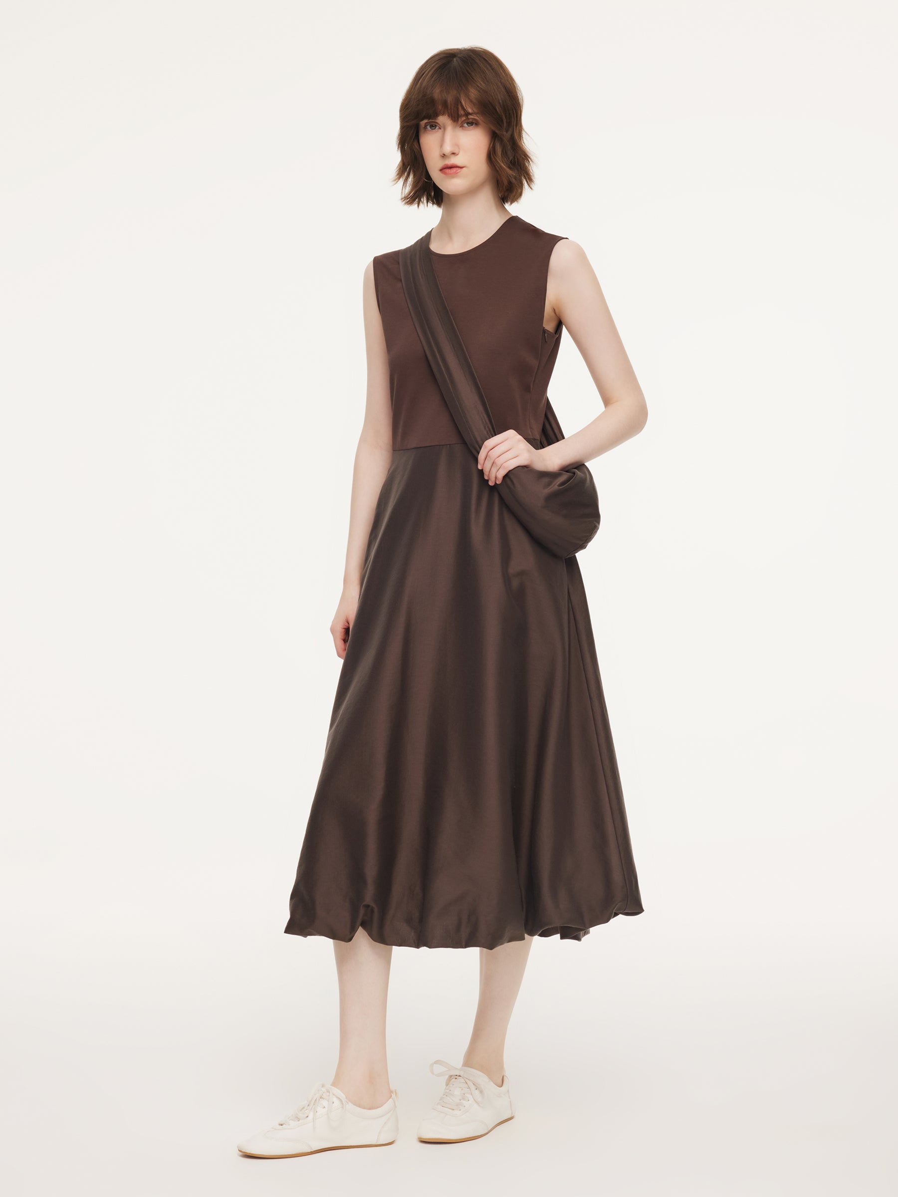 Dark Brown Patchwork Bubble Hem Women Sleeveless Maxi Dress With Bag GOELIA