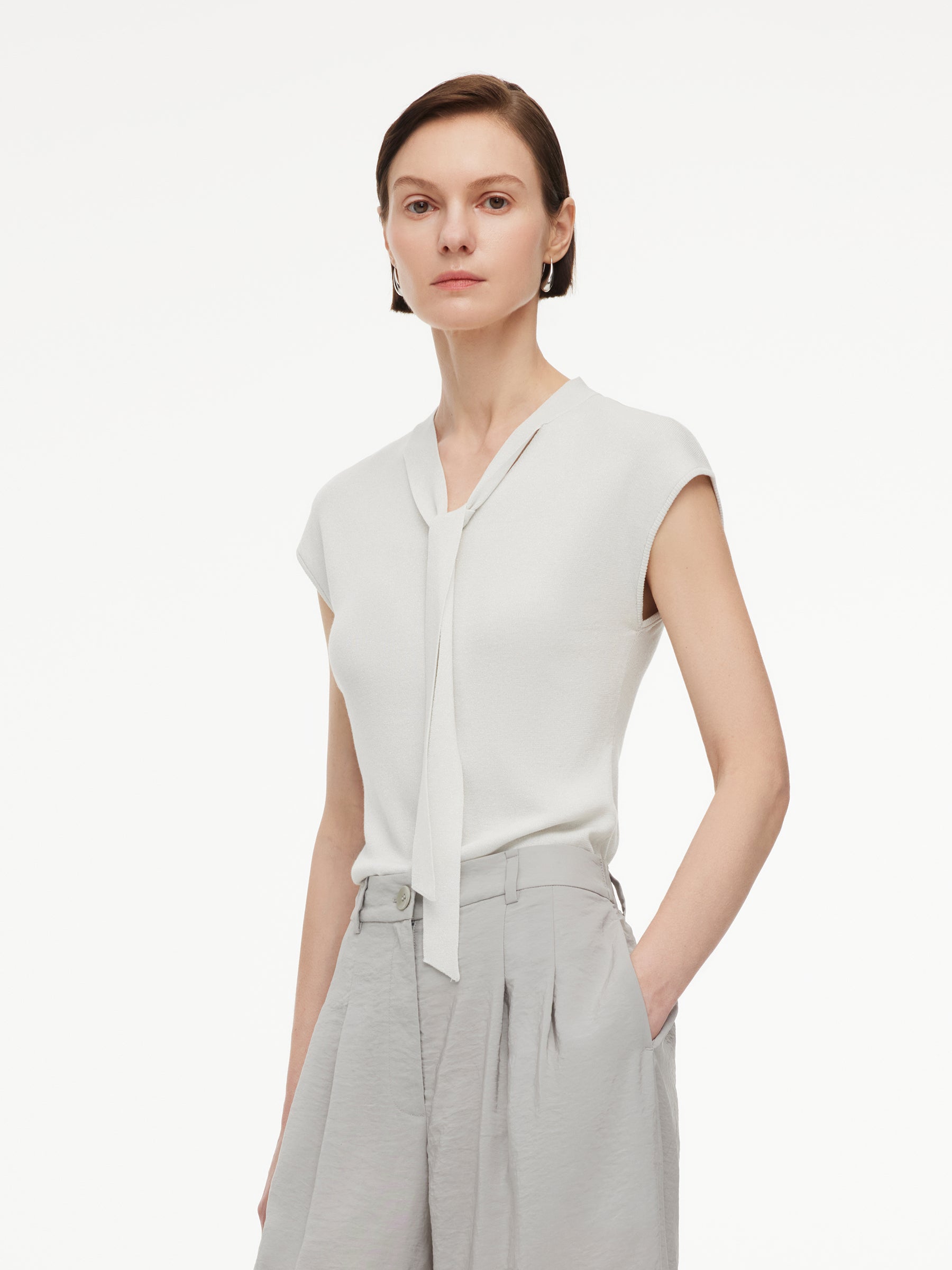 [Preview] Lyocell Wool Blend Tie Front Women Knit Top GOELIA