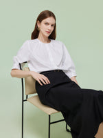 3/4 Sleeve Shirt And Front Slit Skirt Two-Piece Set With Leather Belt GOELIA