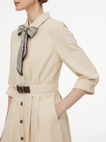 Cotton Blend 3/4 Ruched Sleeve Women Belted Maxi Shirt Dress With Silk Scarf GOELIA