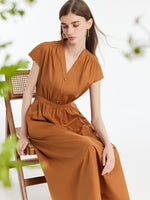 V-Neck Gathered Waist Women Maxi Dress GOELIA