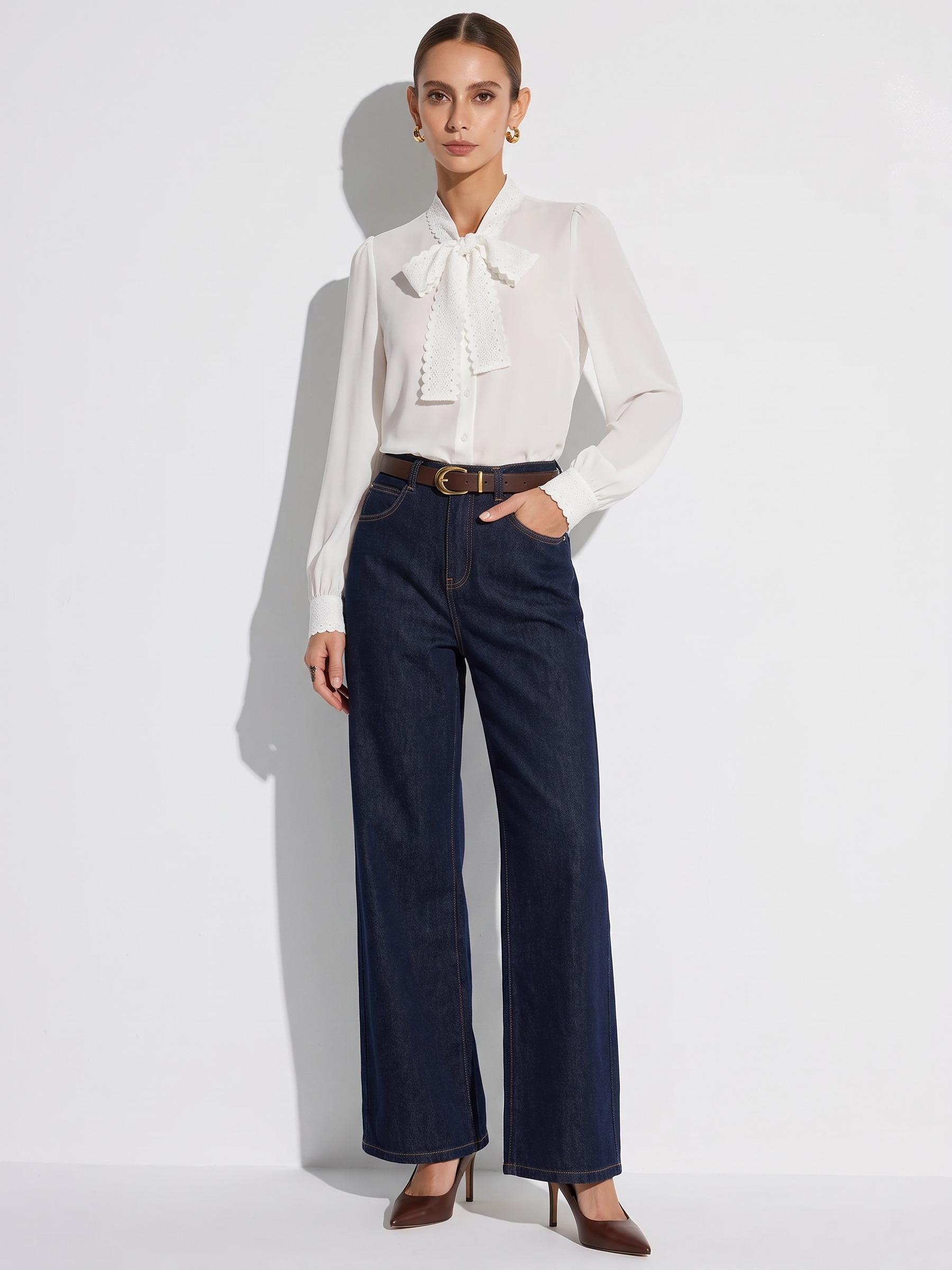 Acetate Blend Lace Bow Tie Women Shirt GOELIA