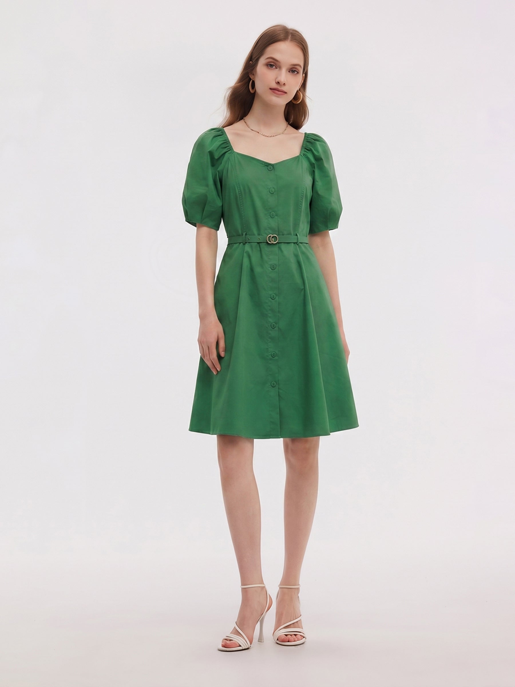 [Preview] Cotton Blend Square Neck Women Belted Midi Dress GOELIA