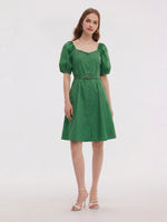 [Preview] Cotton Blend Square Neck Women Belted Midi Dress GOELIA