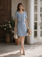 Acetate Blend Tweed Sequins Square Neck Women Mini Dress GOELIA
