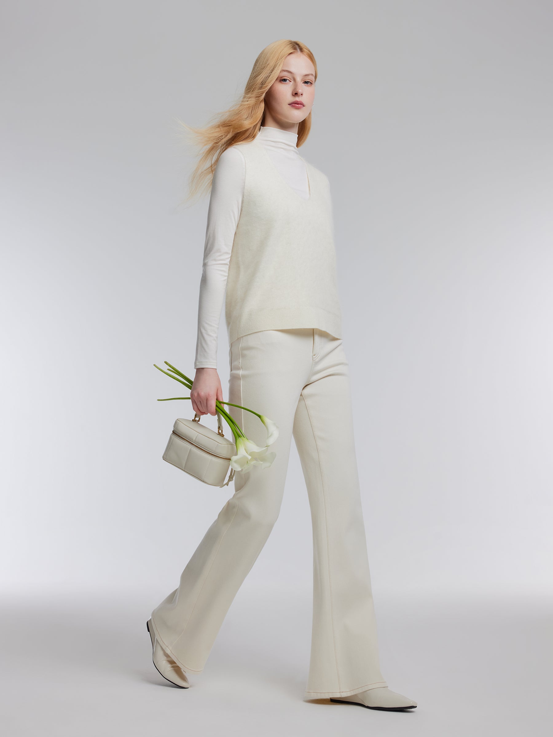 Brushed Cashmere Wool Tank And Mock Neck Knit Top Two-Piece Set GOELIA