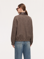 Washable Wool Contrast Leather Collar Women Jacket GOELIA