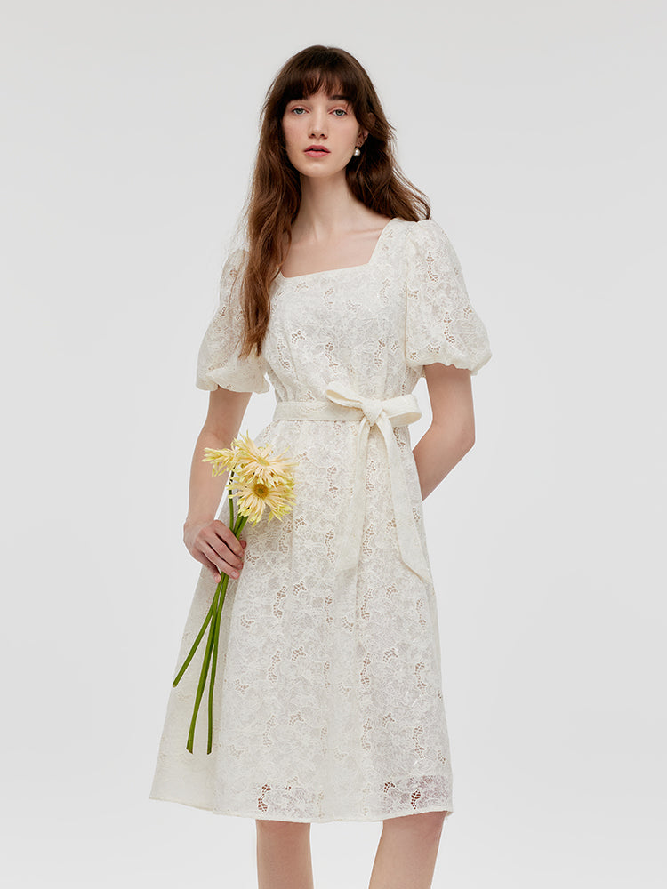 Lace Puff Sleeves Women Midi Dress With Belt GOELIA