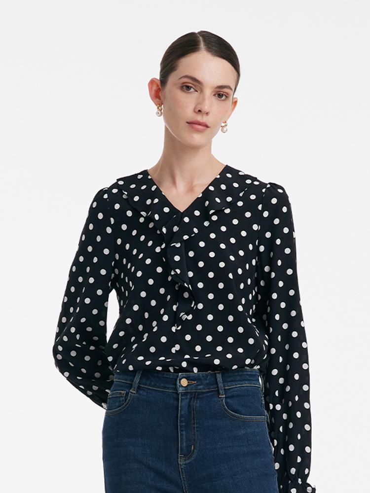 Mulberry Silk Polka Dots Ruffle Women Blouse GOELIA