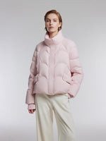 [Preview] Goose Down Cropped Jacket With Detachable Knit Hood GOELIA