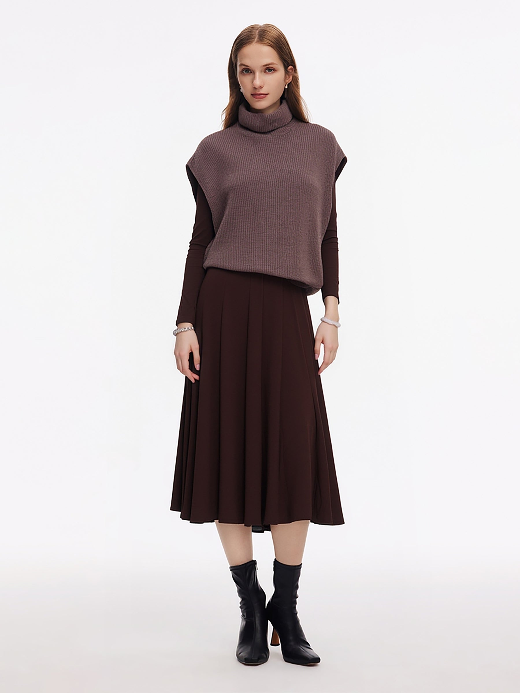 [Preview] 100% Wool Turtleneck Knit Vest And Midi Dress Two-Piece Set With Hairband GOELIA