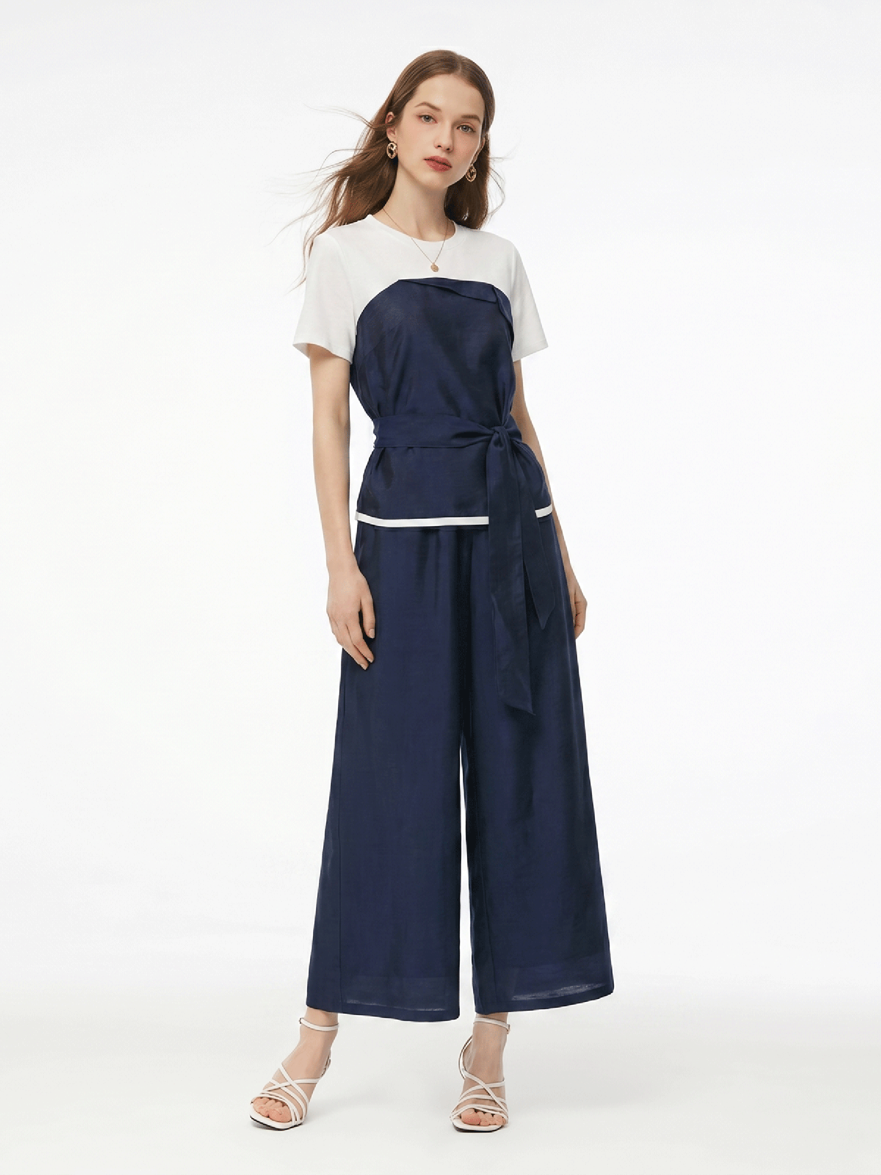 Tencel Blend Patchwork Top And Pants Two-Piece Set GOELIA