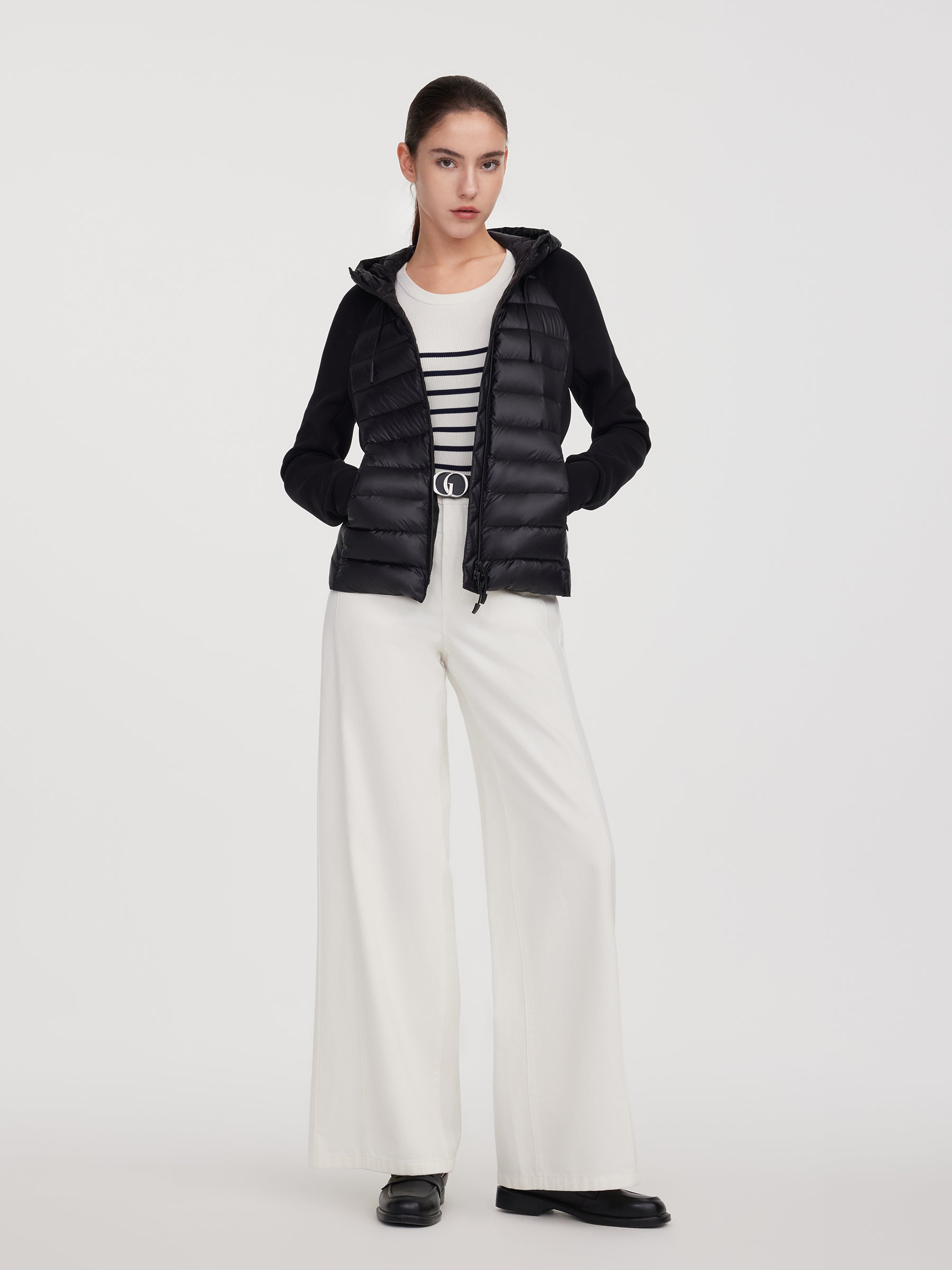 Patchwork Hooded Zip-Up Goose Down Jacket GOELIA