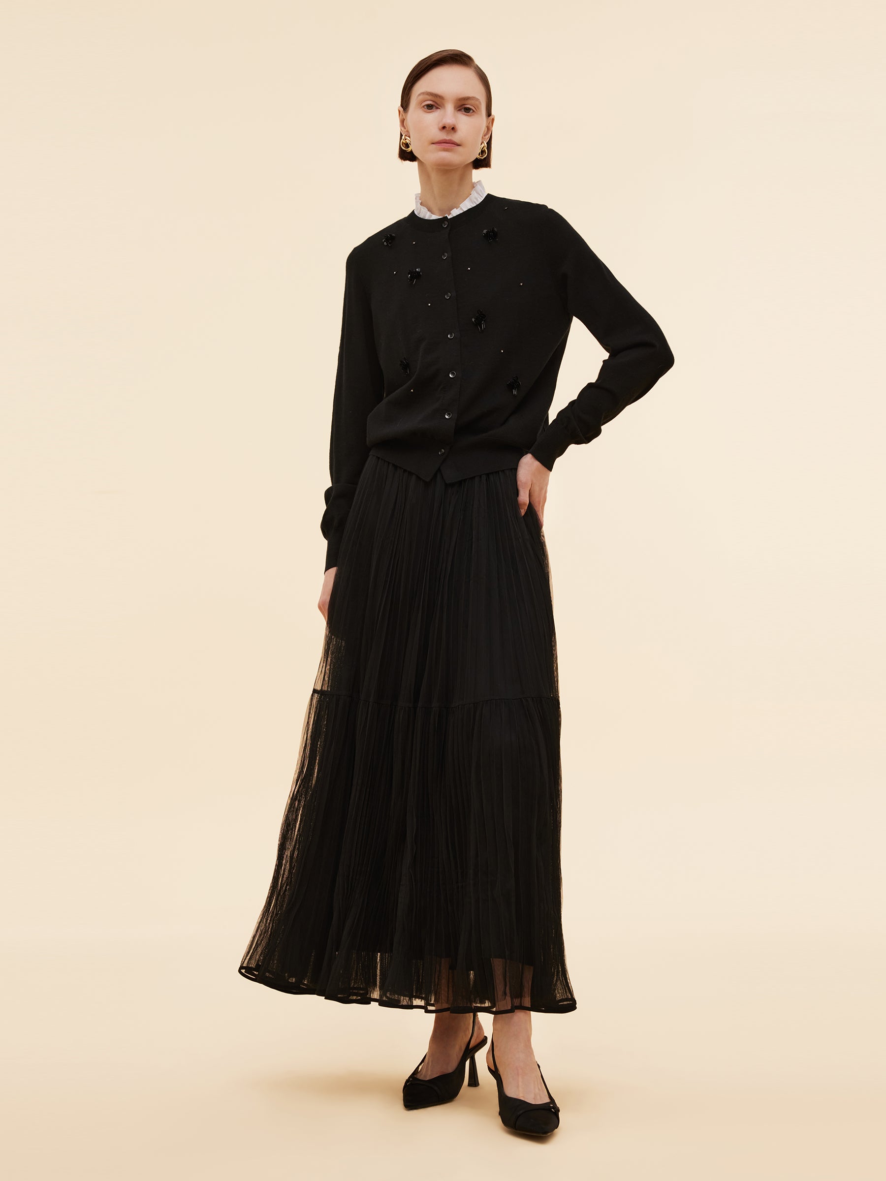 Detachable Pleated Mesh Overlay Skirt And Lining Two-Piece Skirt Set GOELIA