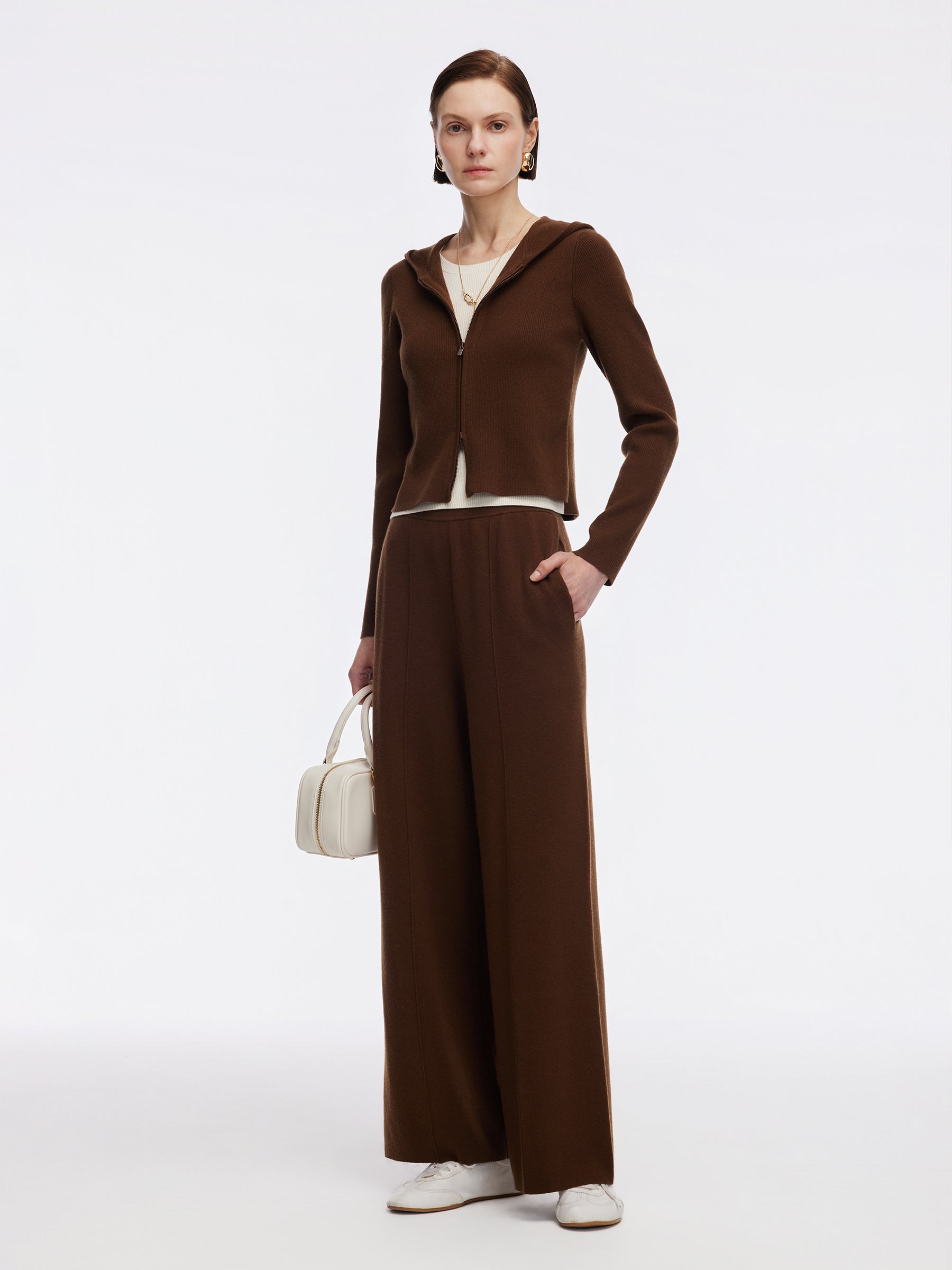 [Preview] Faux Two-Piece Zip-Up Knit Top And Pants Two-Piece Set GOELIA