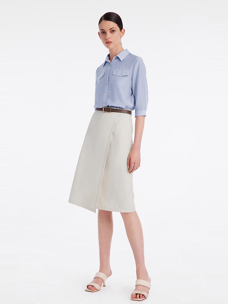 Acetate Shirt And Half Women Skirt Two-Piece Set With Leather Belt GOELIA
