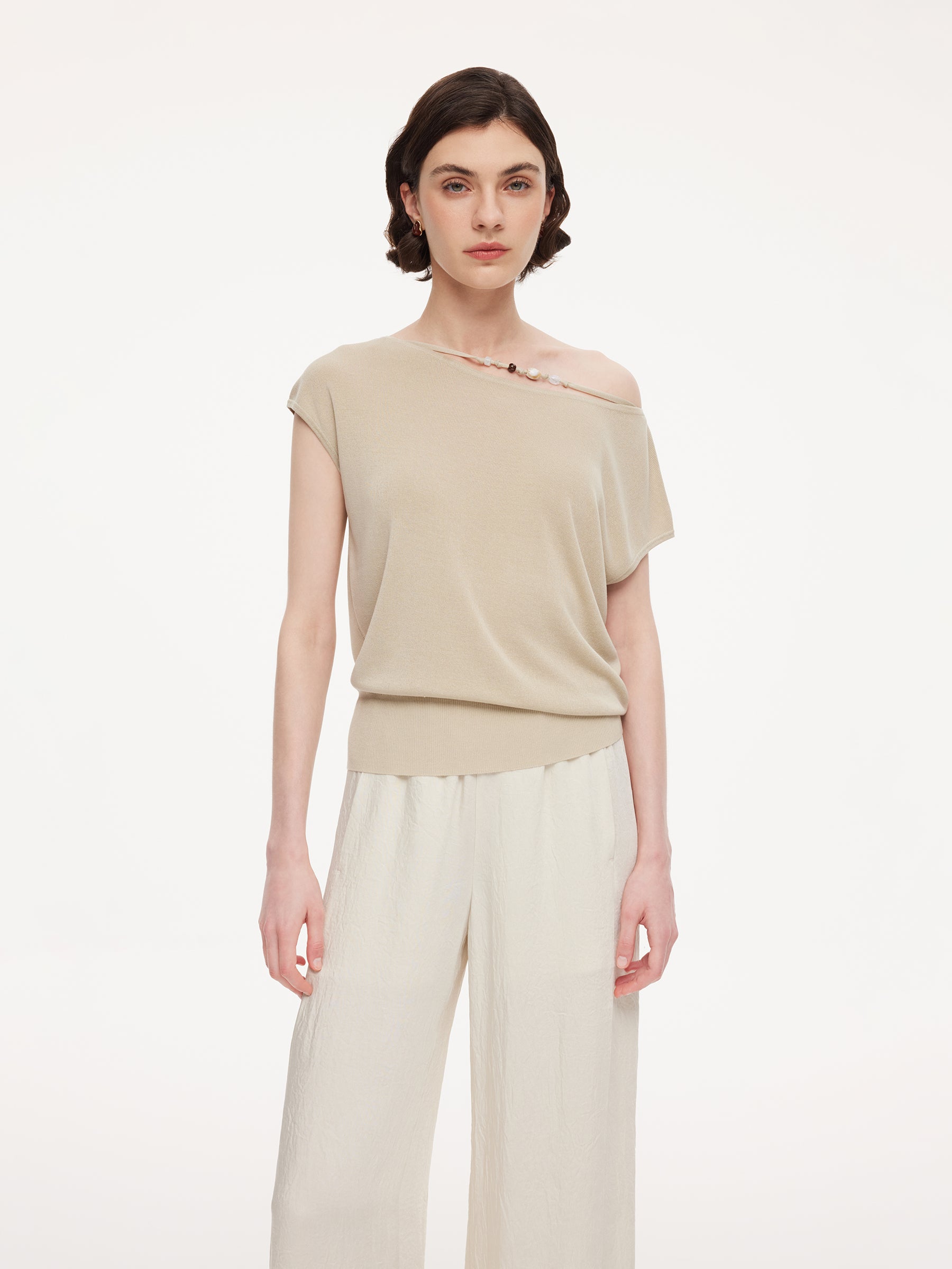 Tencel Mulberry Silk Blend Women Knit Top With Detachable Necklace GOELIA