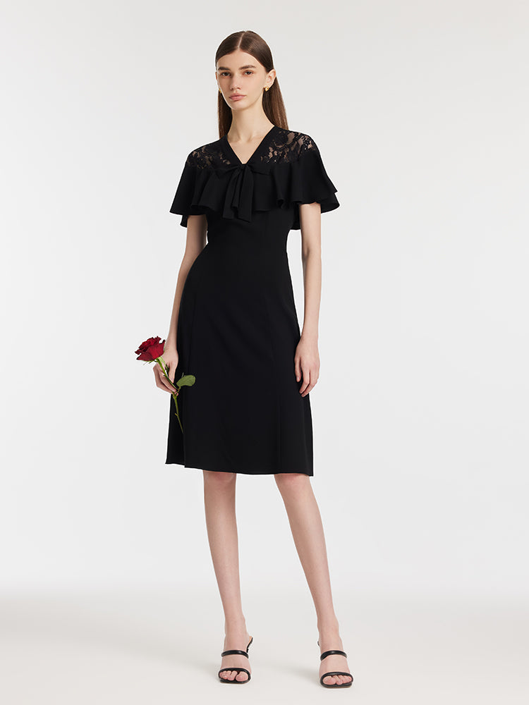 Acetate Patchwork Lace Ruffle Women Midi Dress GOELIA