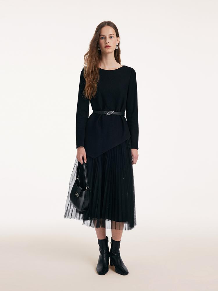Asymmetrical Hem Top And Tulle Women Skirt With Belt Two-Piece Set GOELIA