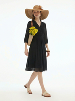 V-Neck Pleated Lace Up Wrap Midi Dress GOELIA