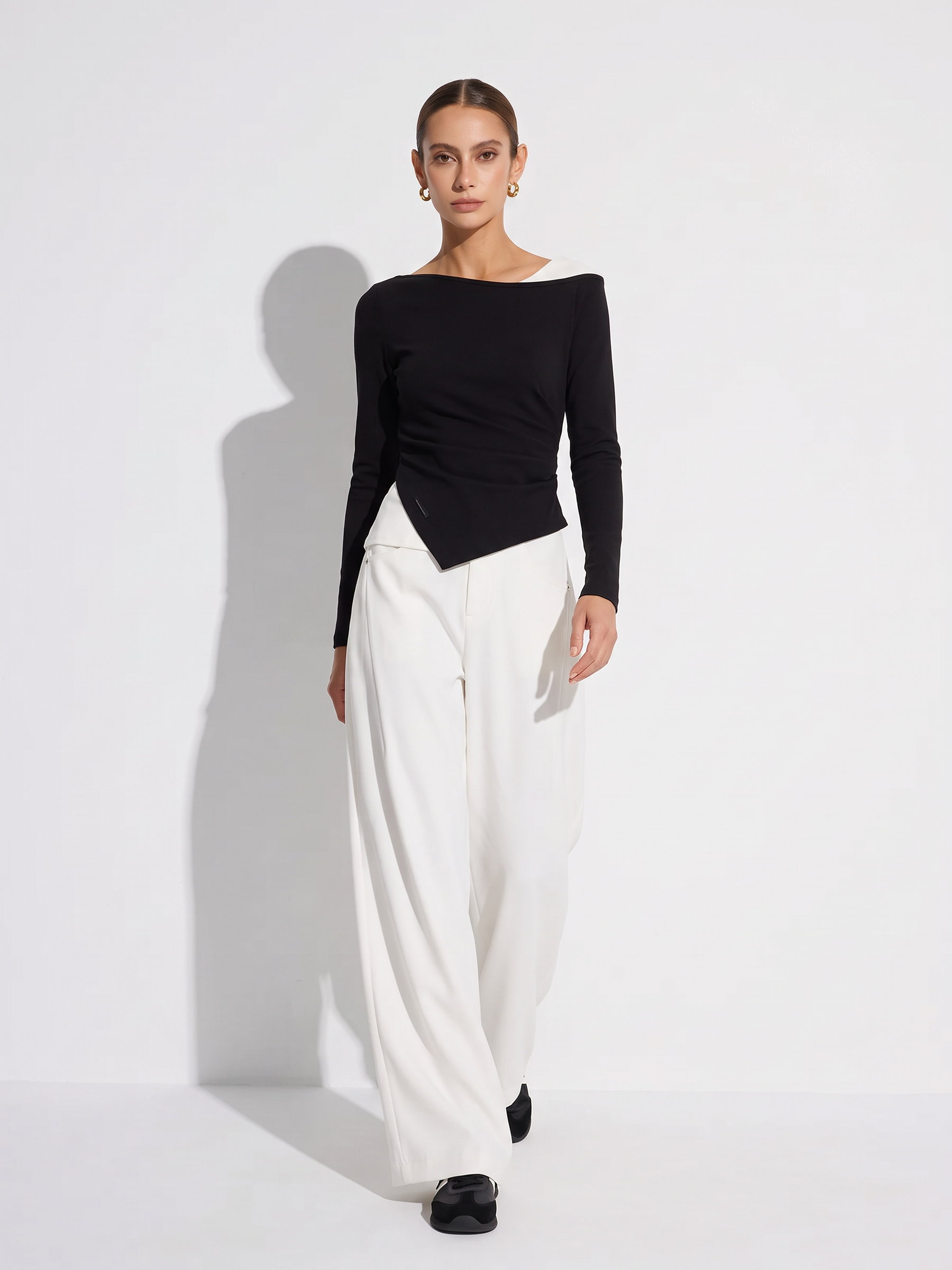 Boat Neck Asymmetrical Hem Women Color Block Knit Top GOELIA