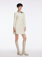 100% Wool Contrast Trim Neck A-Line Women Mini Dress GOELIA