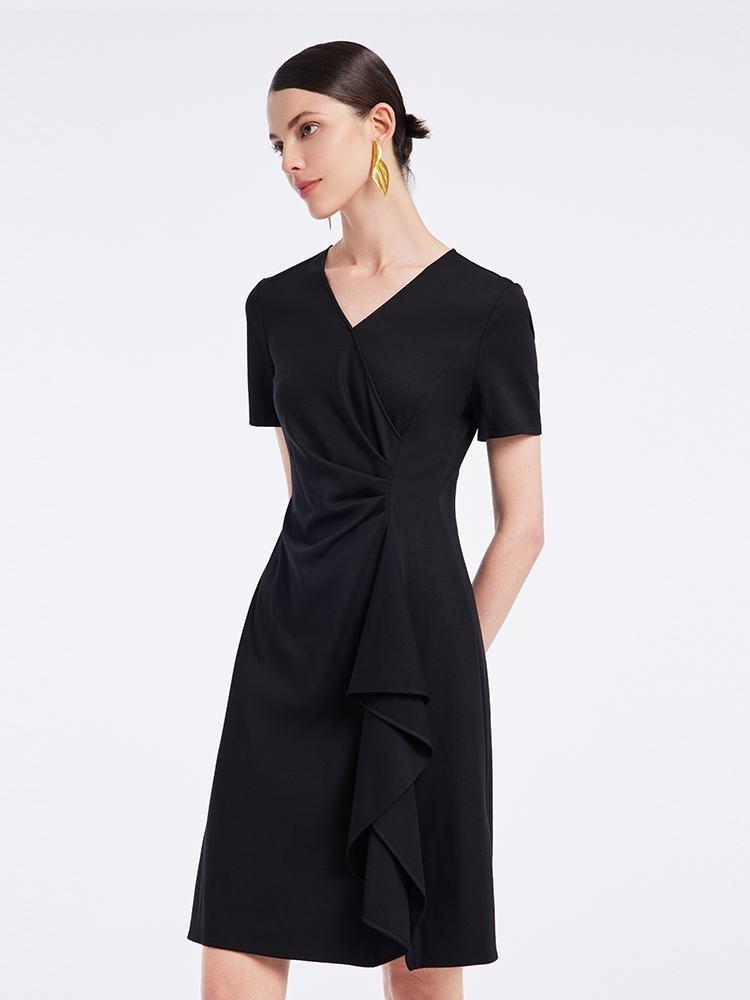 V-neck Pleated Knit Midi Dress GOELIA