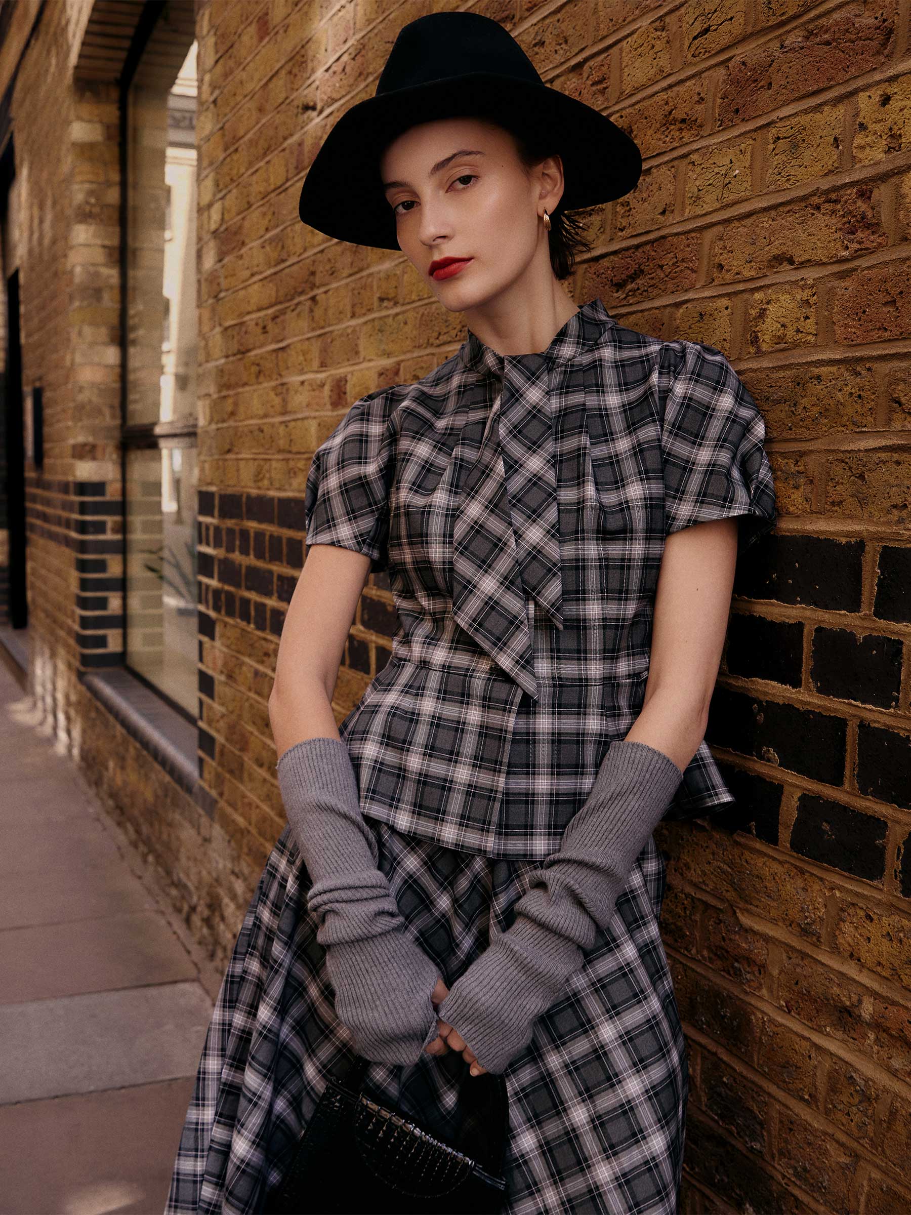Plaid Ribbon Tie Women Flare Hem Top GOELIA