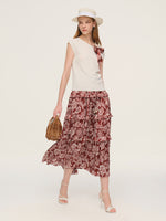 Cap Sleeve Knit Top And Marigold Floral Print Tiered Skirt Two-Piece Set With Silky Scarf GOELIA