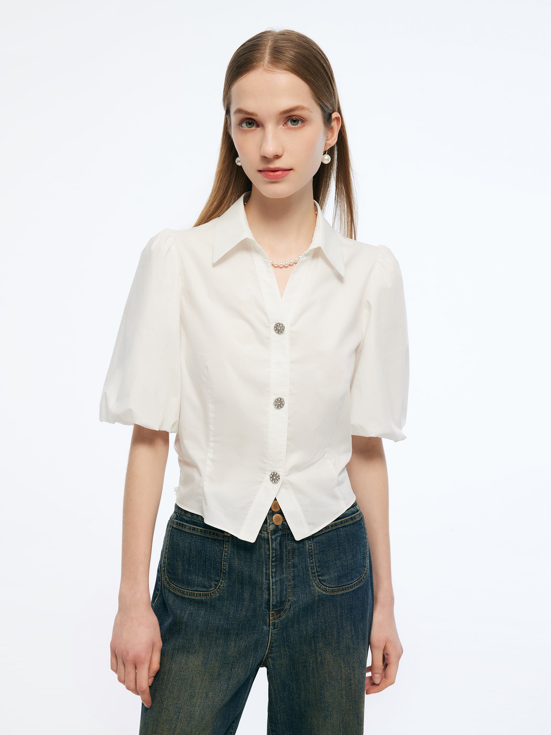 100% Cotton Puff Sleeve Women Shirt GOELIA
