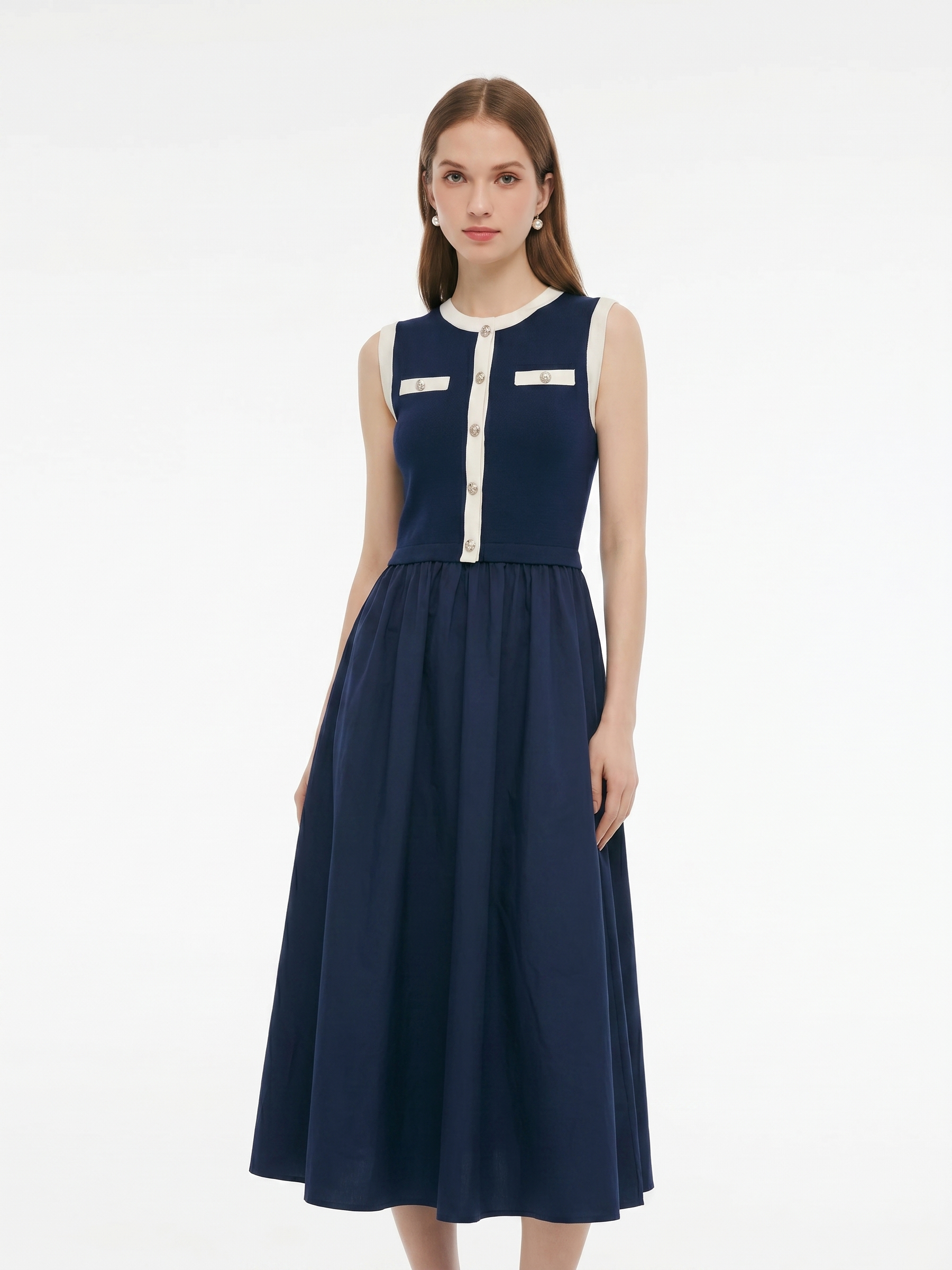 Lyocell Blend Contrast Trim Women Patchwork Sleeveless Maxi Dress GOELIA