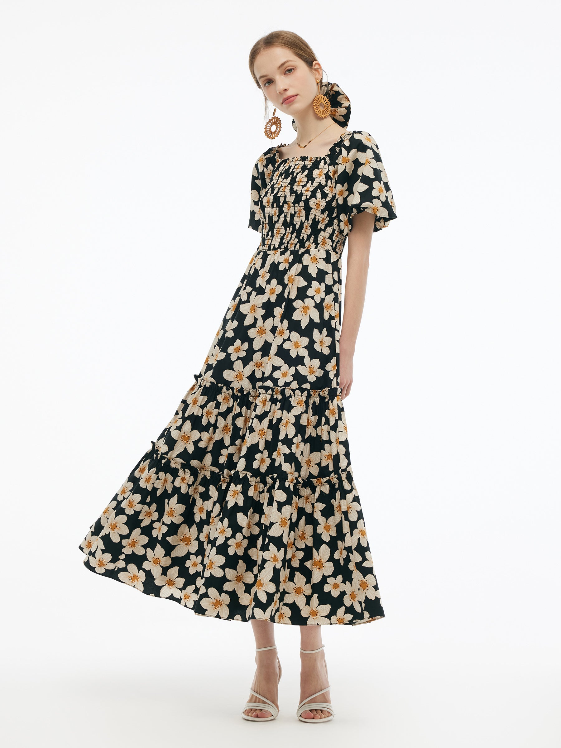 Cotton Stretch Floral Print Women Smocked Maxi Dress GOELIA