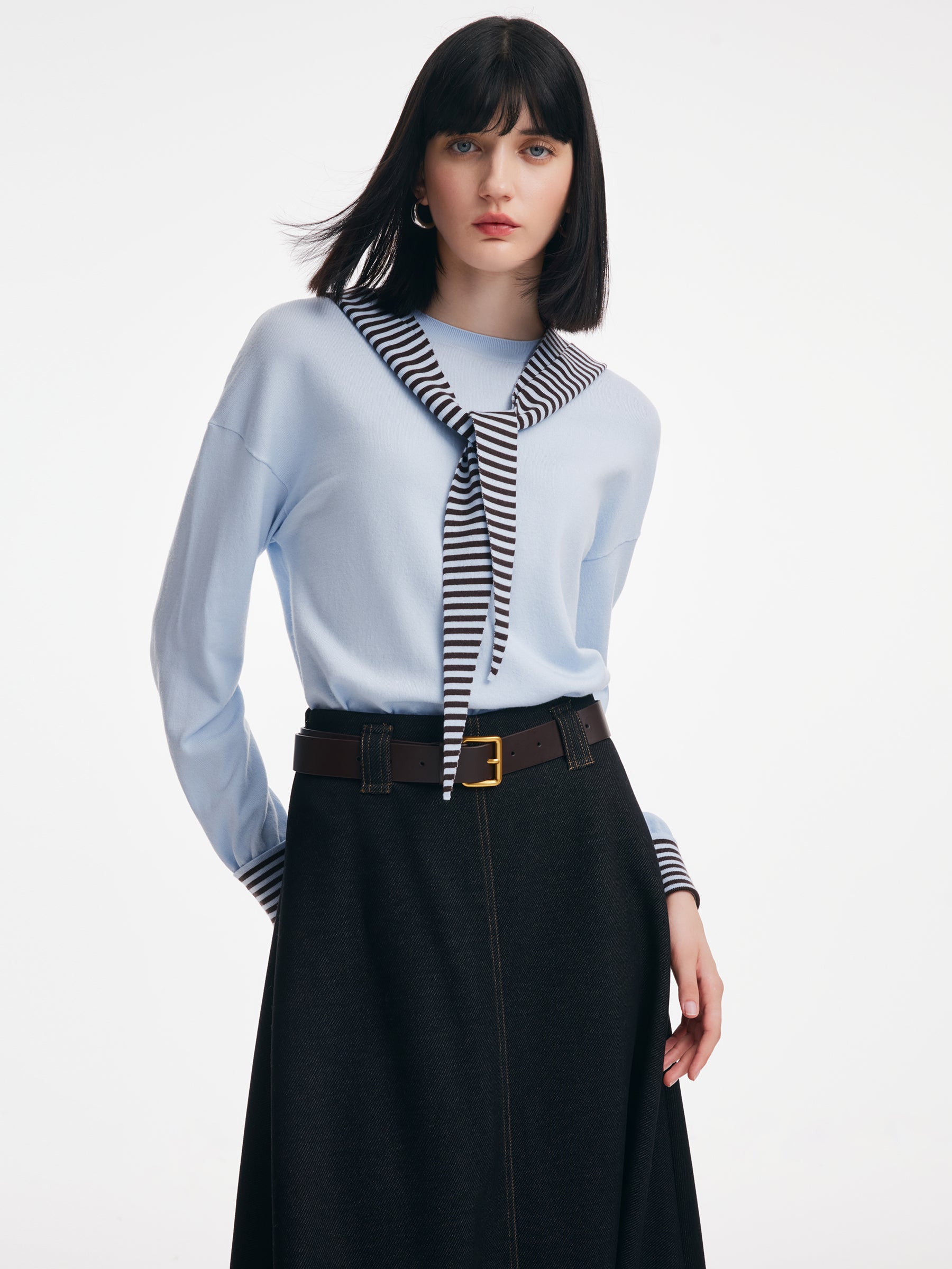 Tencel Wool Blend Women Knit Top With Detachable Stripe Hood GOELIA