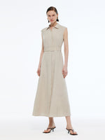 100% Linen Women Vest Maxi Shirt Dress With Belt GOELIA